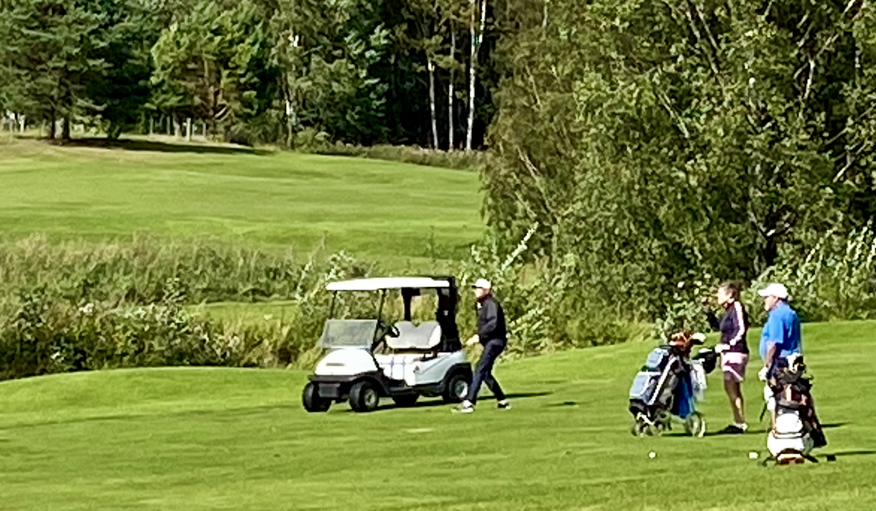 Ledarbollen på sista hålet. Mats Friberg slår in mot green bevakad av Susanne Domar Bolmstam och Ulf Rory Haak.